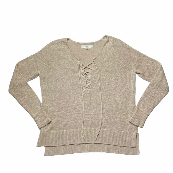 Loft | Beige Knit Long Sleeve Sweater V-Neck Lace Up Top - Picture 2 of 10